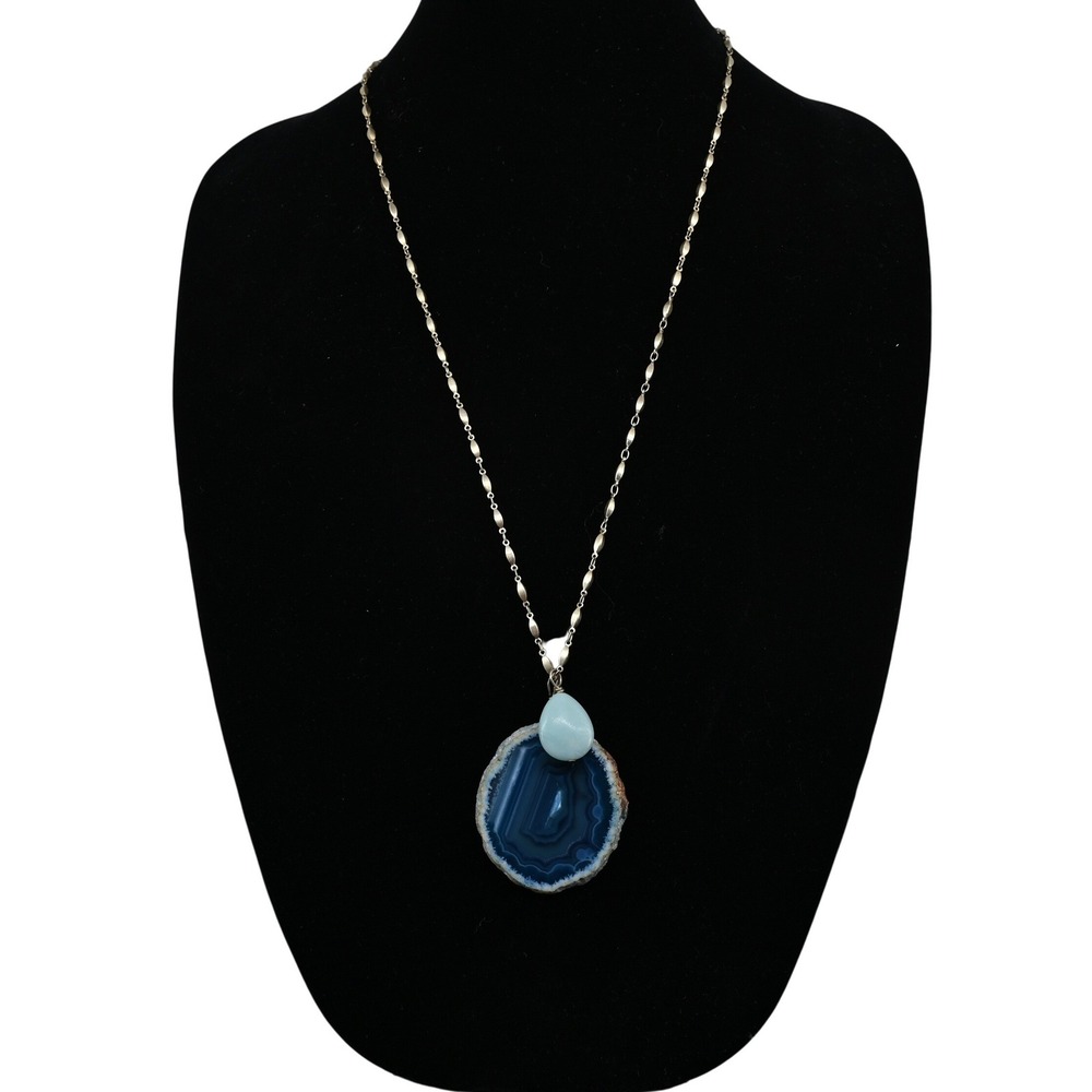 St. Thomas Gold Tone Blue Agate Geode Slice Double Pendant Long Necklace